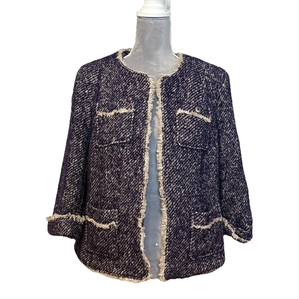 Talbots Sz 12 Tweed Open Front Purple Wool Mohair Alpaca Blazer Jacket Office